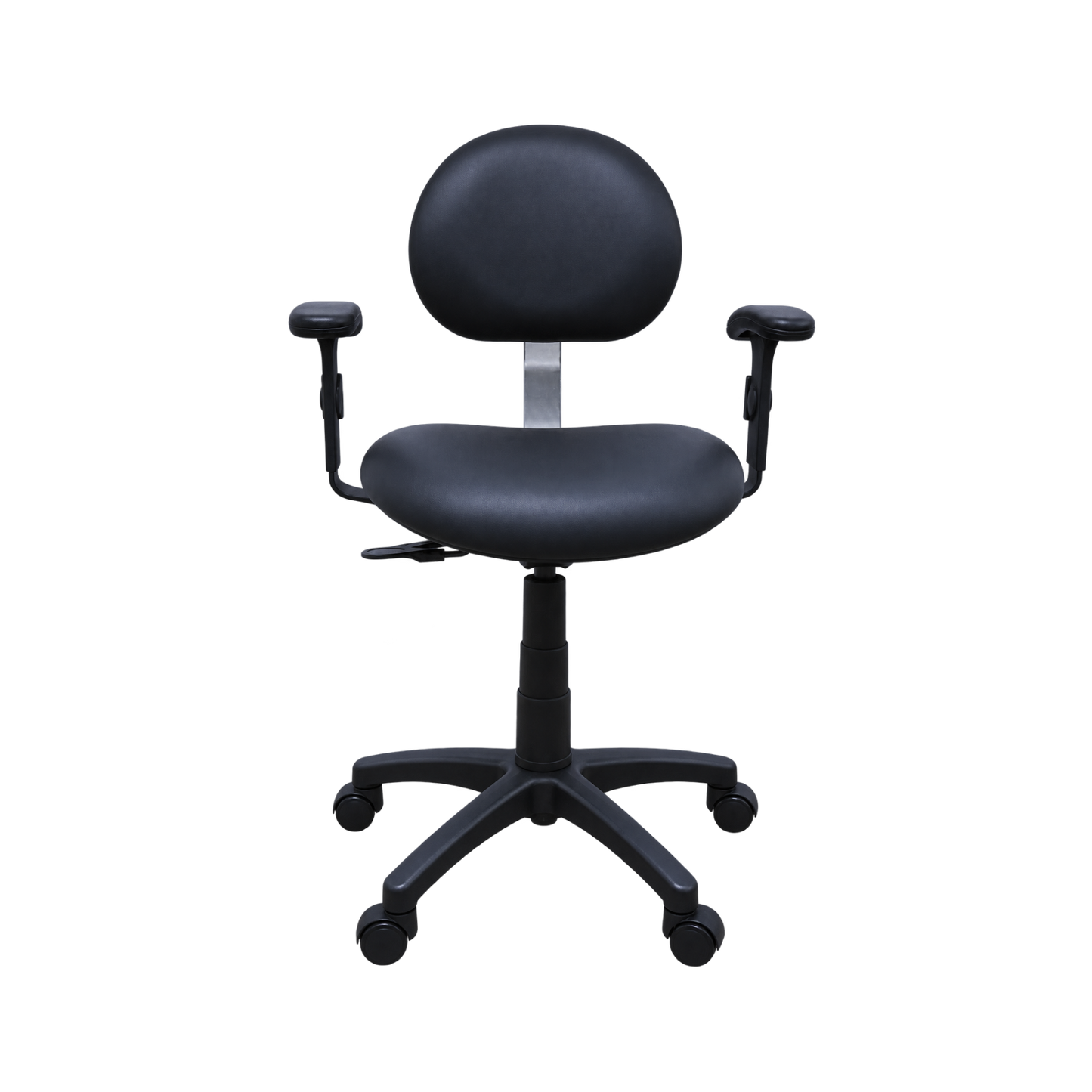 A black office task chair with a high back, padded seat and backrest, adjustable armrests, and a five-wheel base on a plain white background.