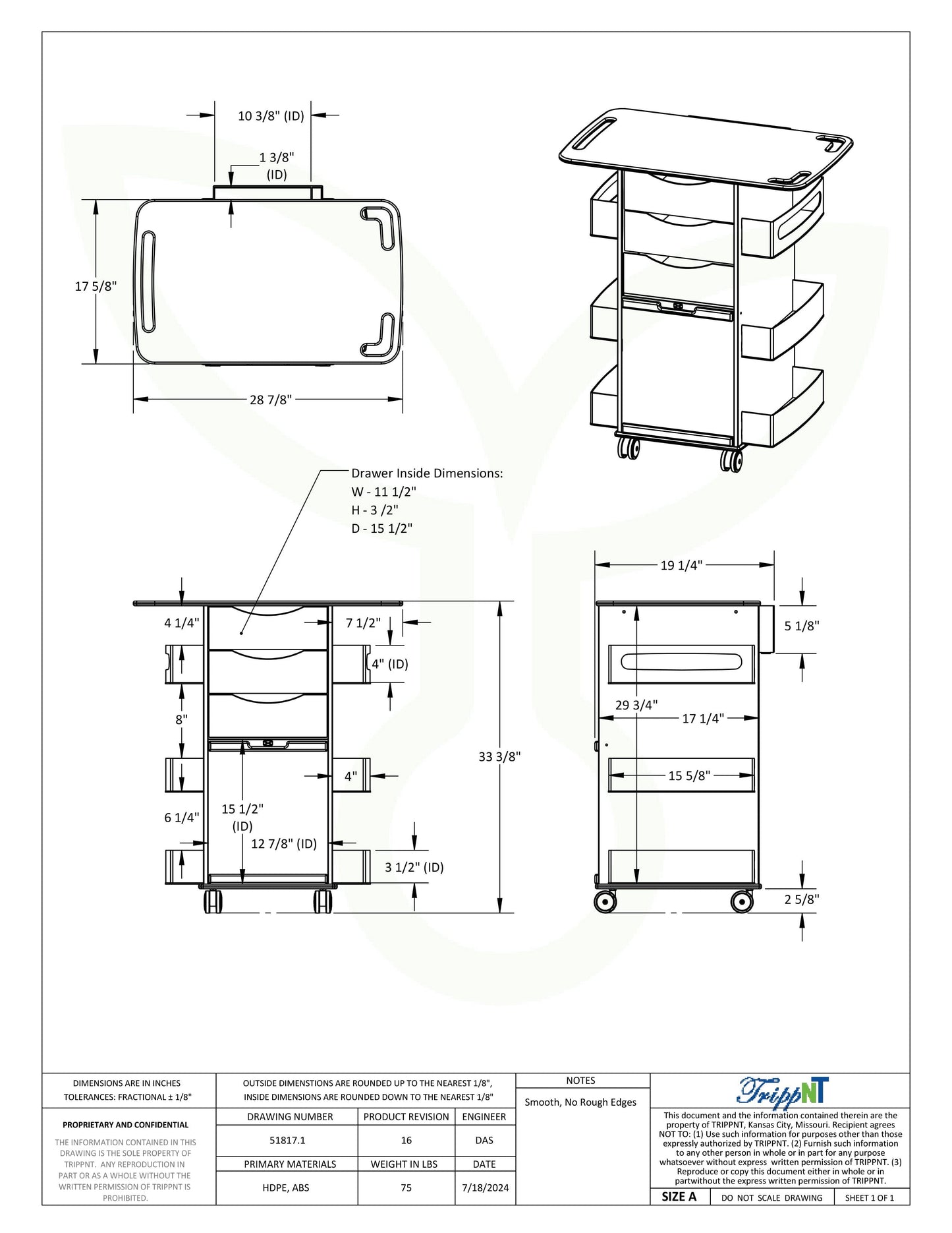 MRI Core Cart Extended Top with Sliding Door MRI Safe TrippNT