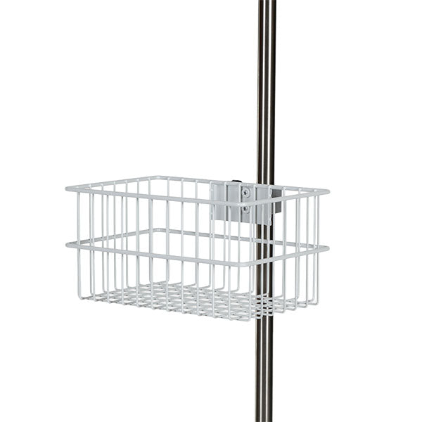 Add convenient storage to IV poles, medical carts and tables with this easy-to-install wire basket. Fits round poles up to 1.25" with clamp included.