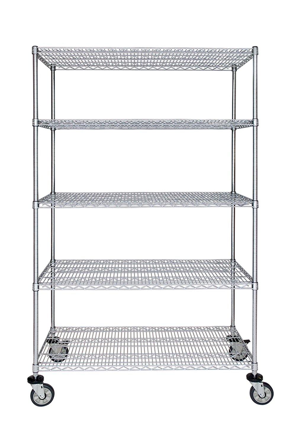 Mobile Braking Chrome Wire Cart 24"D, 5-Tier, Standard Unit Open Storage Acart 