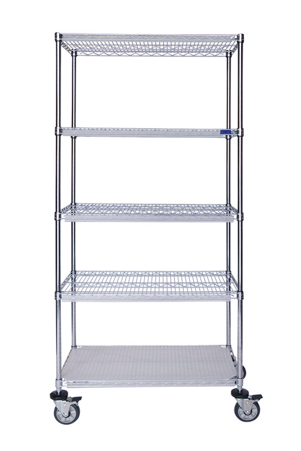 Mobile Chrome Wire Cart 24"D, 5-Tier, Accessorized Unit Open Storage Acart
