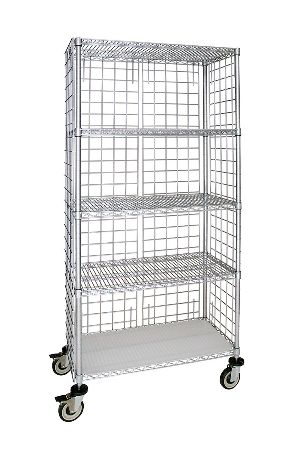 Mobile Enclosed Chrome Wire Cart 18"D, 5-Tier, Standard Unit Open Storage Acart