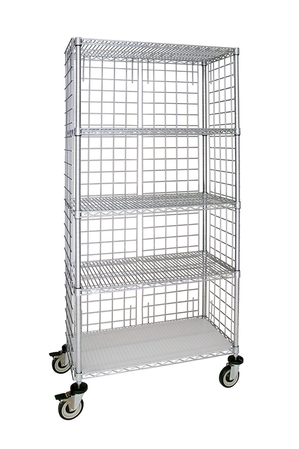 Mobile Enclosed Chrome Wire Cart 18"D, 5-Tier, Standard Unit Open Storage Acart 