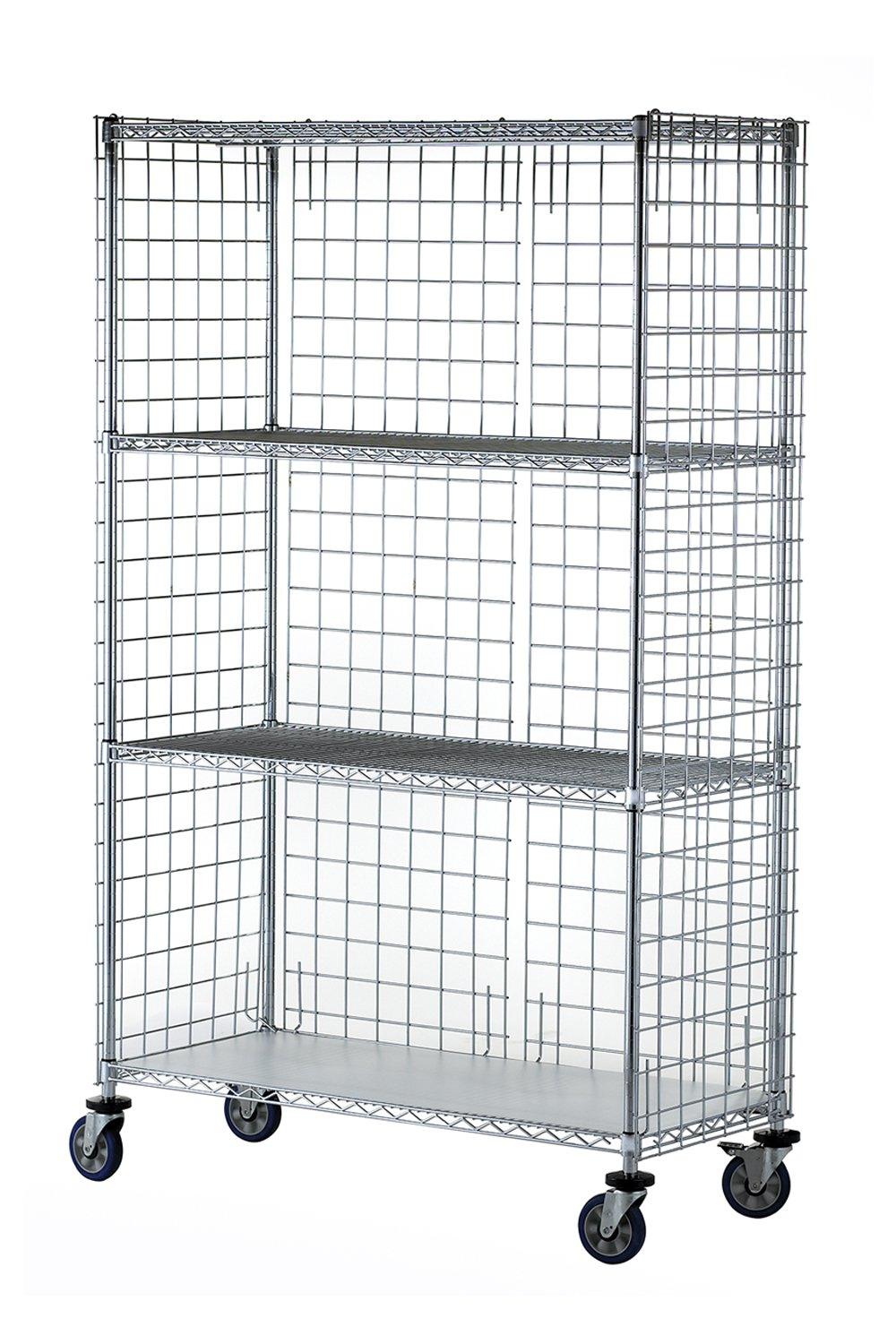 Mobile Enclosed Chrome Wire Cart 24"D, 4-Tier, Accessorized Unit Open Storage Acart