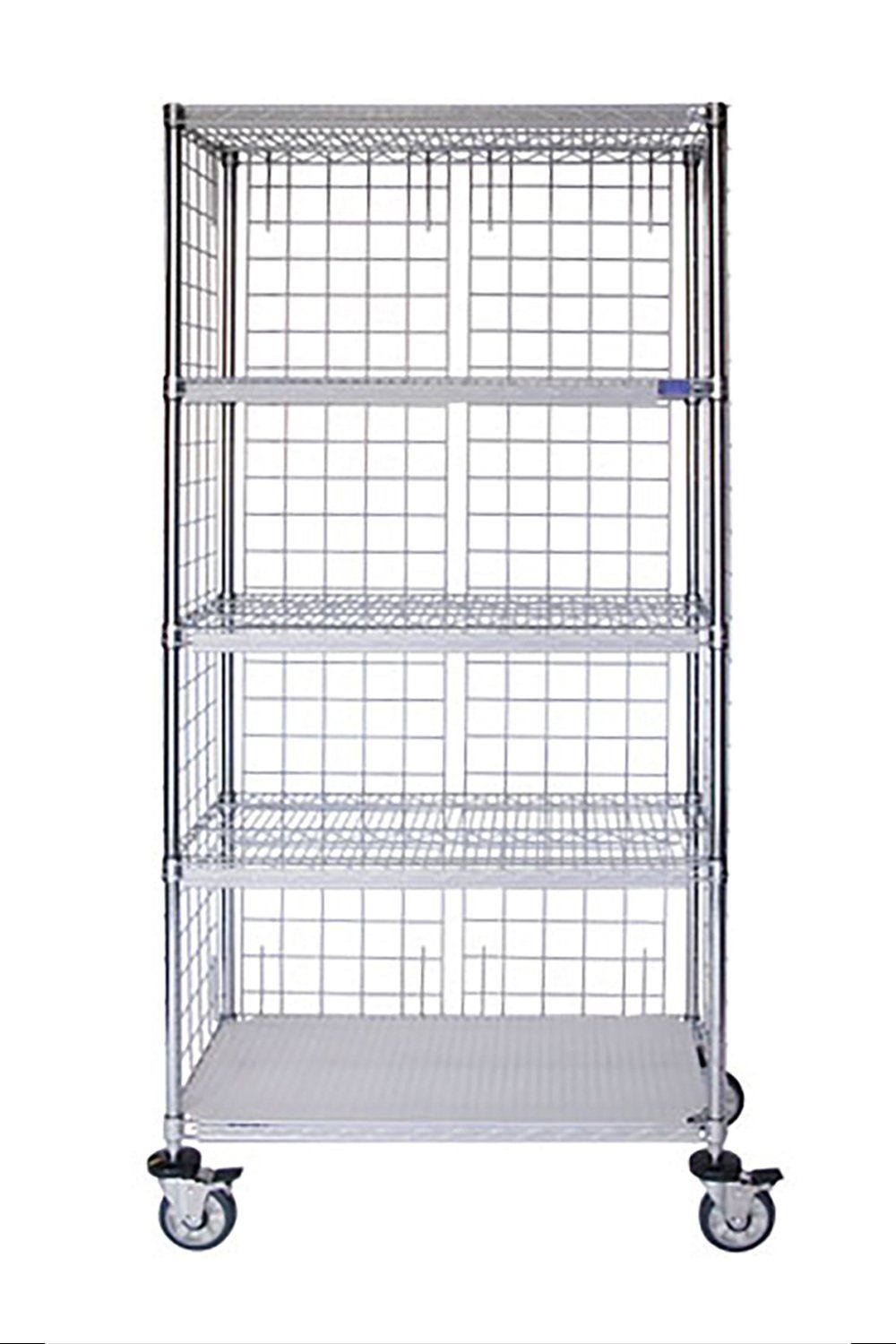 Mobile Enclosed Braking Chrome Wire Cart 24"D, 5-Tier, Accessorized Unit Open Storage Acart