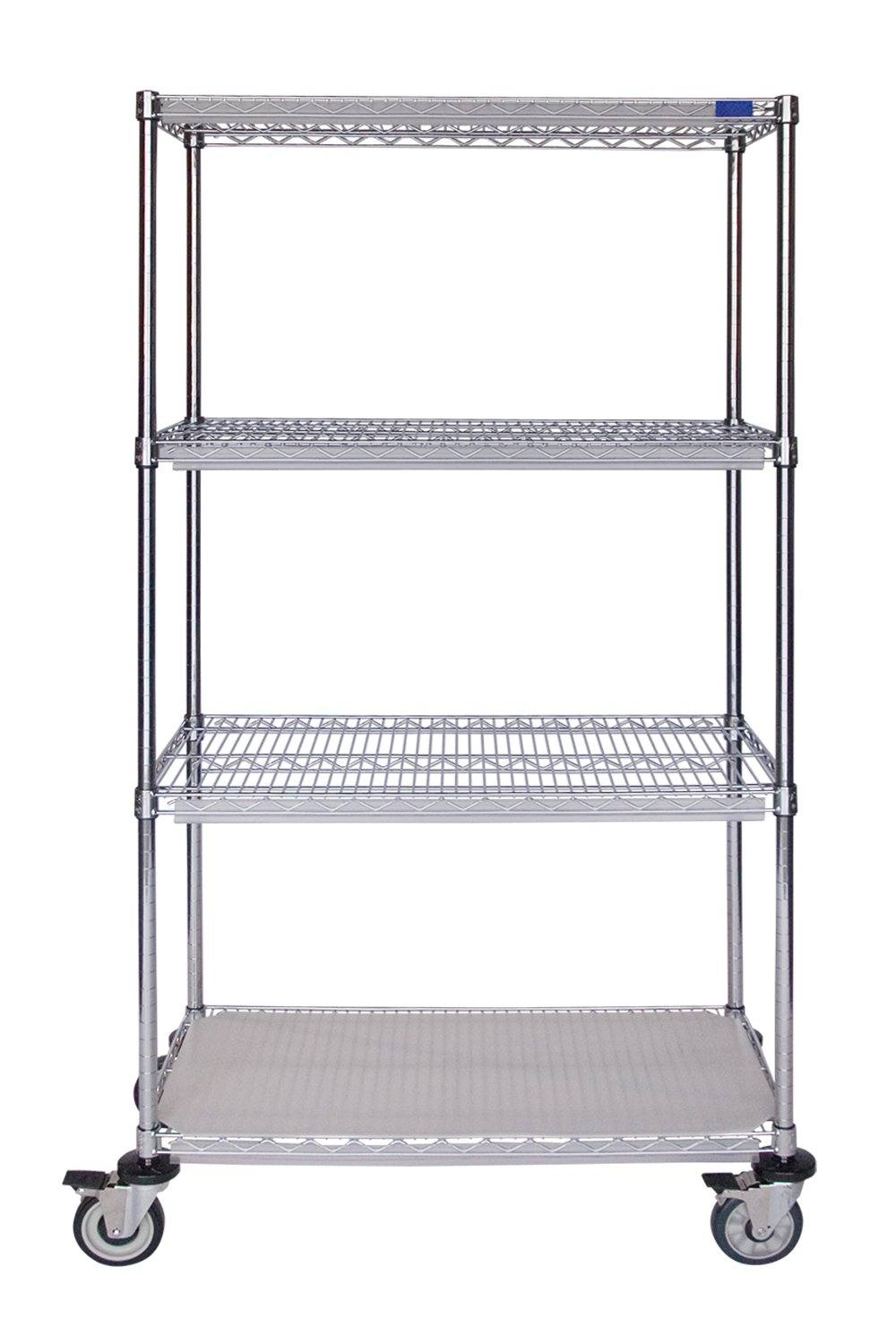 Mobile Chrome Wire Cart 18"D, 4-Tier, Accessorized Unit Open Storage Acart