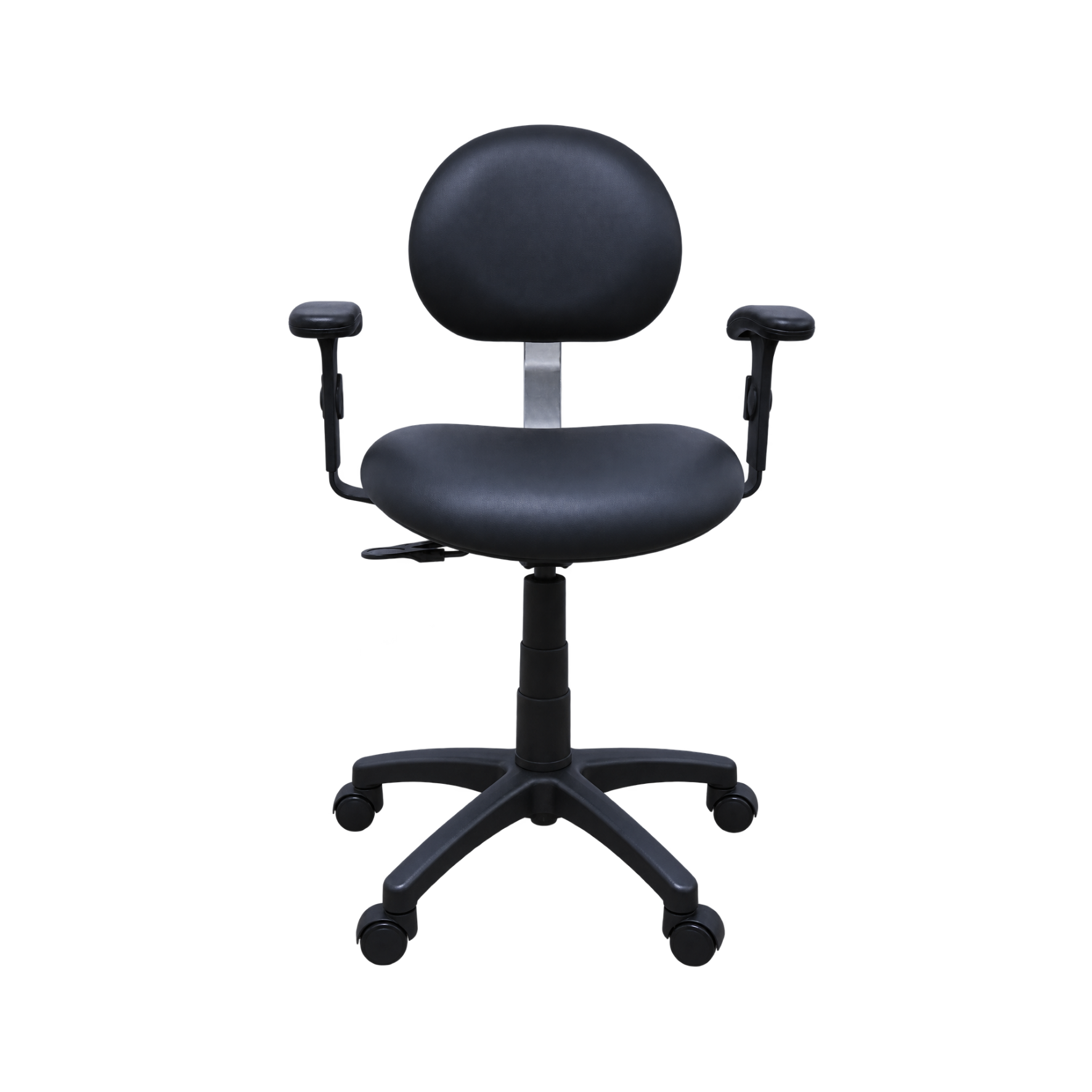 A black office task chair with a high back, padded seat and backrest, adjustable armrests, and a five-wheel base on a plain white background.
