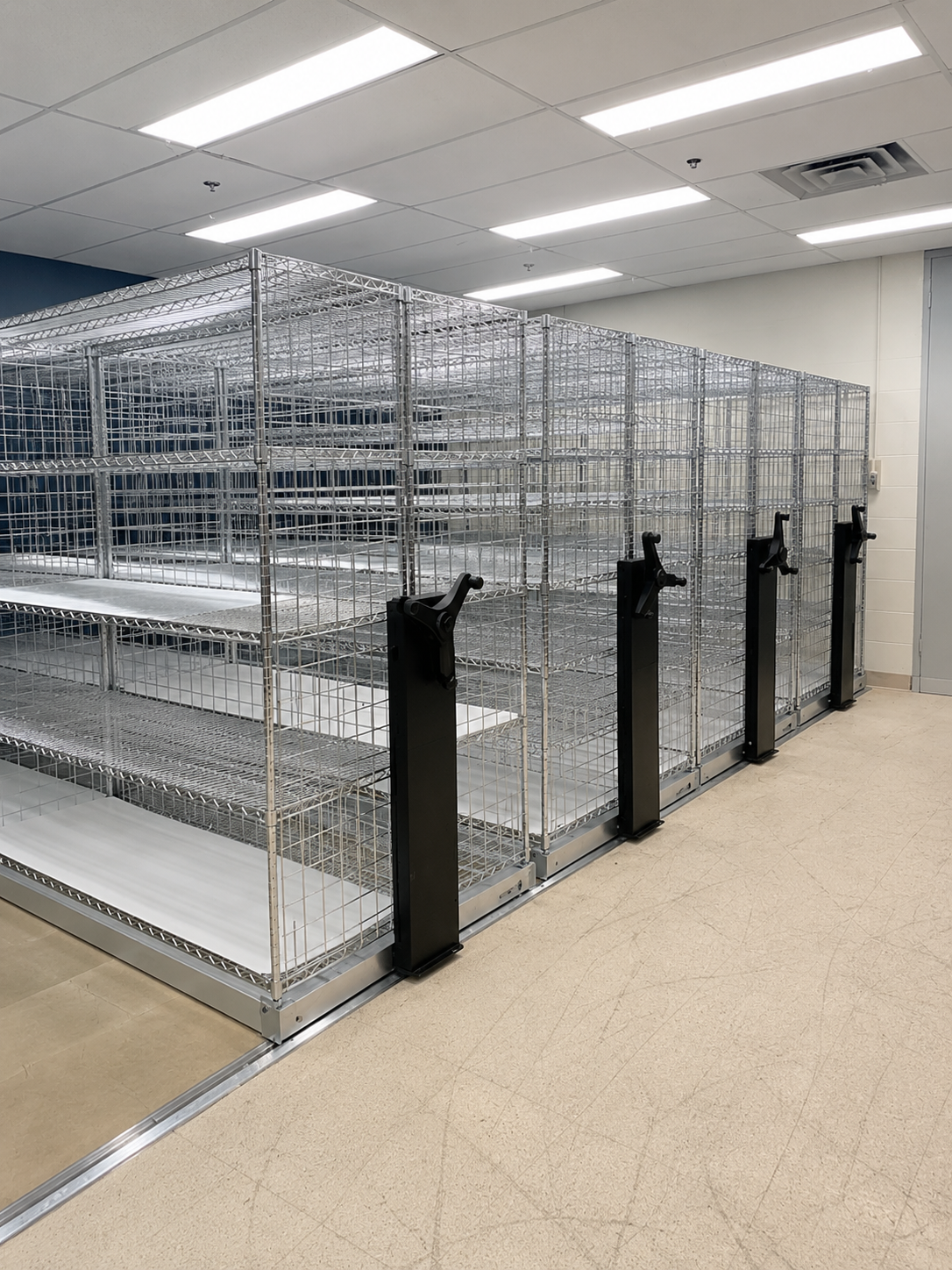 A long series of industrial wire mesh storage racks with white shelves and black upright supports, installed in a clean commercial warehouse or storage room with a tiled ceiling and beige floor.


