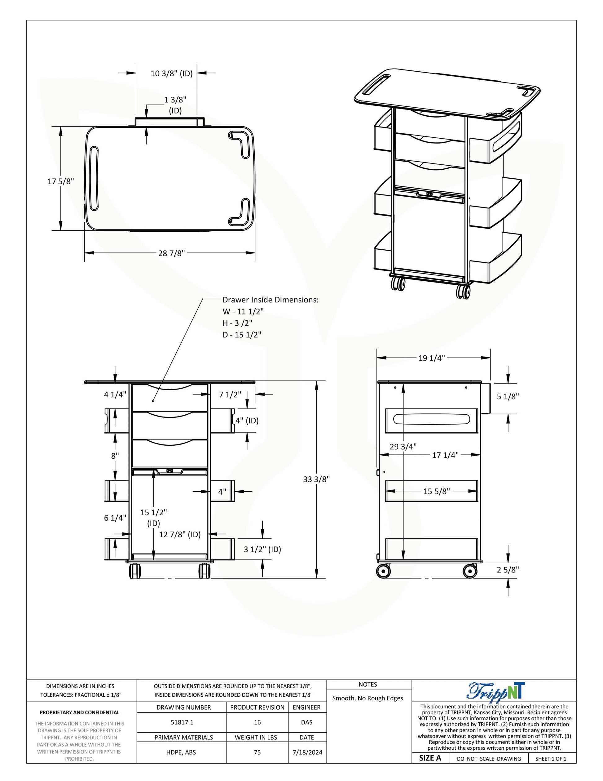 MRI Core Cart Extended Top with Sliding Door MRI Safe TrippNT 