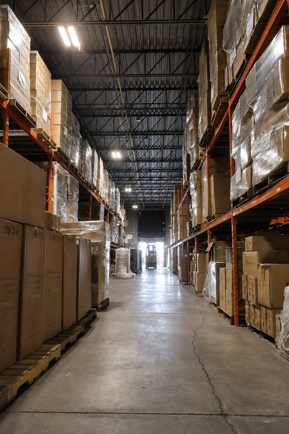 Acart warehouse aisle with tall orange metal shelving on both sides, stacked with brown cardboard boxes and palletized goods under bright overhead light