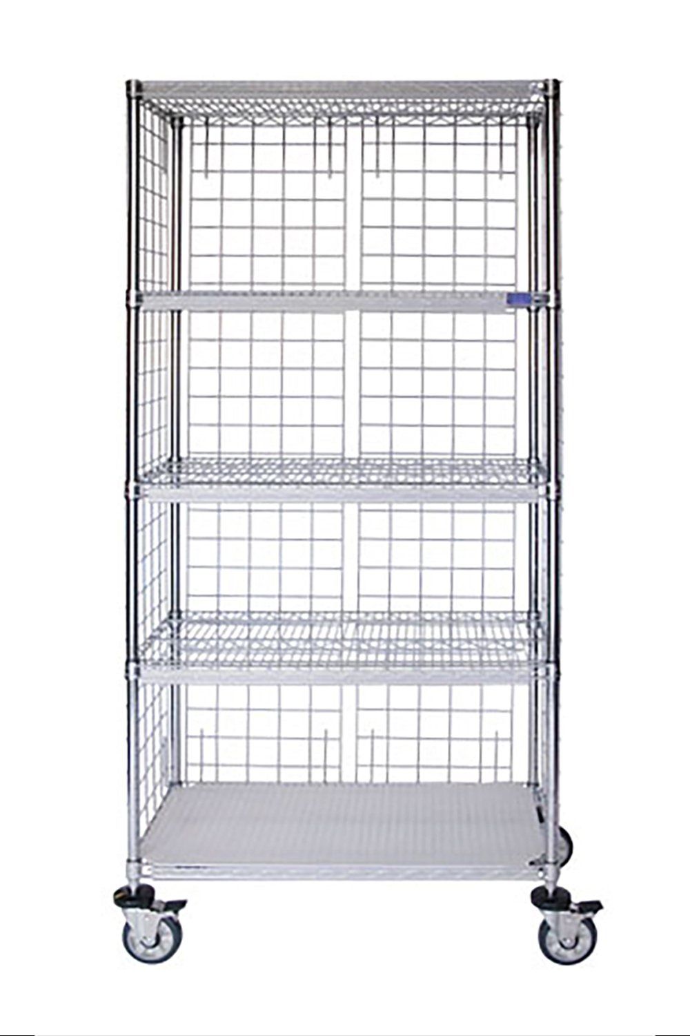 Mobile Enclosed Braking Chrome Wire Cart 24"D, 5-Tier, Accessorized Unit Open Storage Acart 